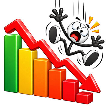Falling Stick Figure with Declining Bar Chart and Downward Arrow