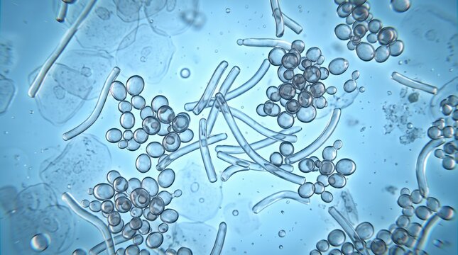 Microscopic View of Malassezia Furfur Spaghetti and Meatballs Pattern in KOH Preparation