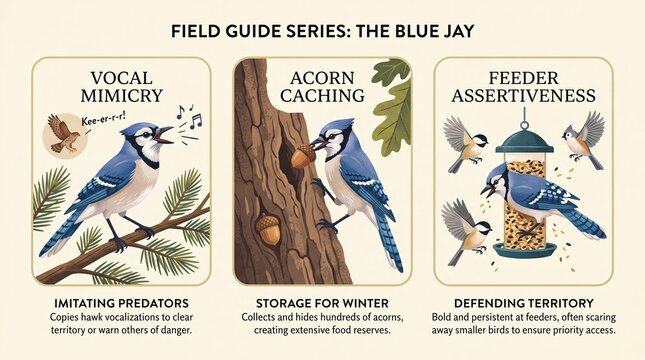 Field guide series featuring the blue jay with information on vocal mimicry, acorn caching, and feeder assertiveness