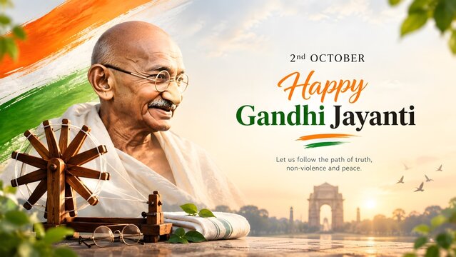 October 2 Gandhi Jayanti Celebration in India with Charkha, Peace and Tricolor Design