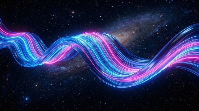 Colorful neon light waves in cosmic galaxy background