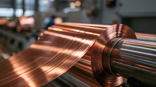 Copper foil unwinding from a steel mandrel in a factory hall