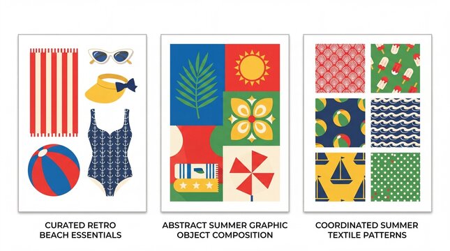 Curated retro beach essentials with abstract summer graphic compositions and coordinated summer textile patterns