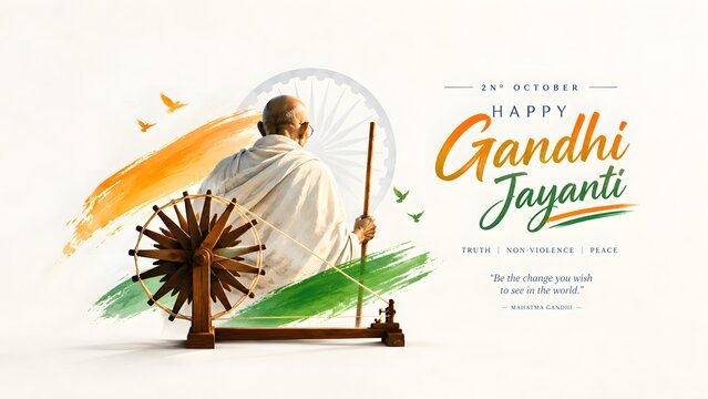 October 2 Gandhi Jayanti Celebration in India with Charkha, Peace and Tricolor Design