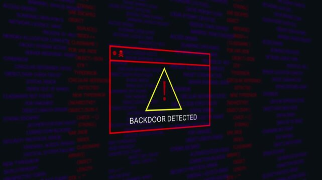 Critical cybersecurity alert displaying backdoor detected warning message on dark digital interface with scrolling red system error logs and malicious software threat notification for network security