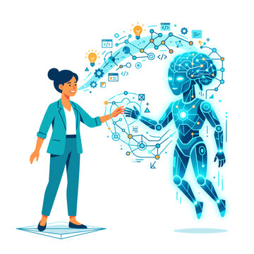 Businesswoman Shaking Hands with AI Robot Futuristic Technology Collaboration
