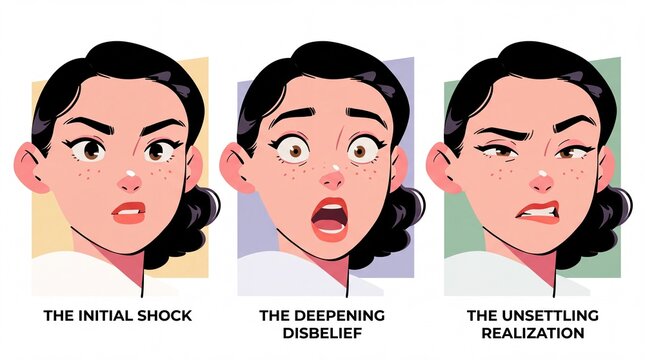 Expressions of surprise and realization in a series of three illustrations showing different emotional states