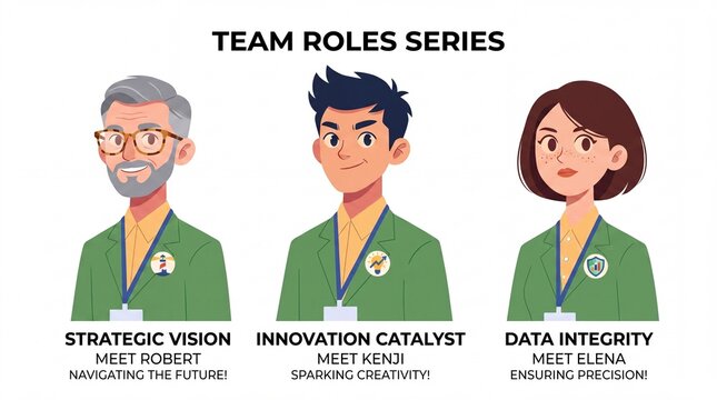 Team roles series showcasing diverse roles in a workplace setting with emphasis on collaboration and innovation
