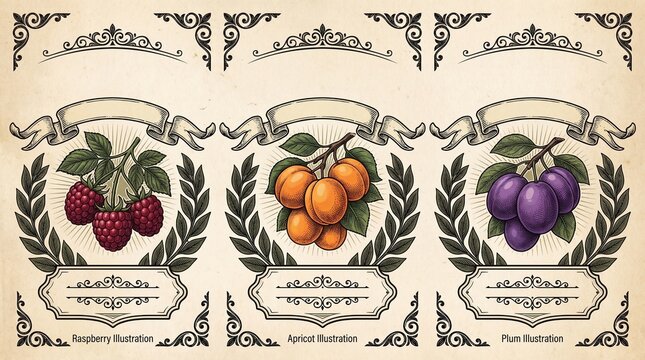 Engraved label template illustrations of raspberry, apricot, and plum with decorative details and labels