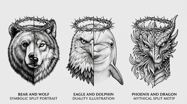 Symbolic split portraits of bear and wolf, eagle and dolphin, phoenix and dragon in detailed monochrome engraving style