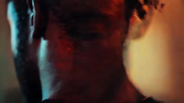 Emotional Portrait of a Man with Sweat and Reflection Captured in Vibrant Colors Highlighting Deep Feelings and Introspection in a Unique Artistic Way. Generative AI