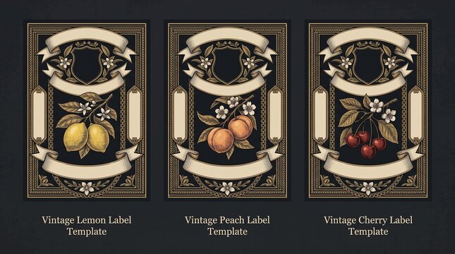 Engraved illustrations of vintage fruit labels showcasing lemon, peach, and cherry designs