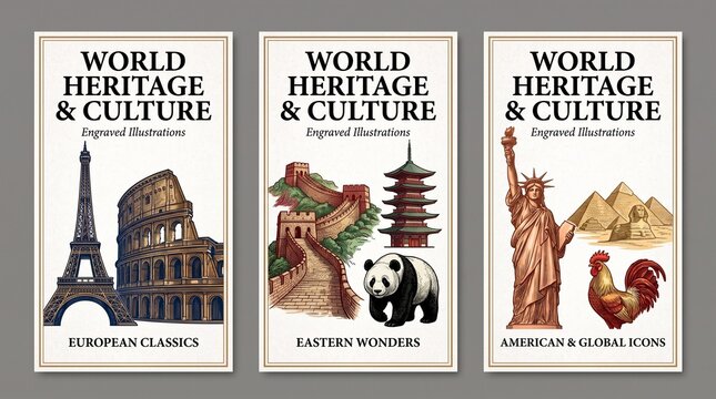 Engraved illustrations showcasing world heritage and culture through European classics, Eastern wonders, and American icons
