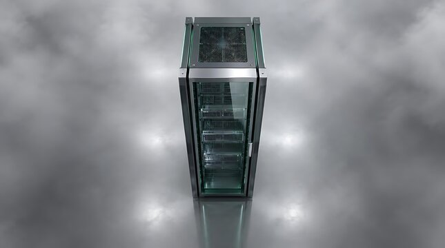 Industrial 3D visualization of a metallic server rack or storage unit with glass door in a misty environment, perfect for technology and futuristic hardware concepts.