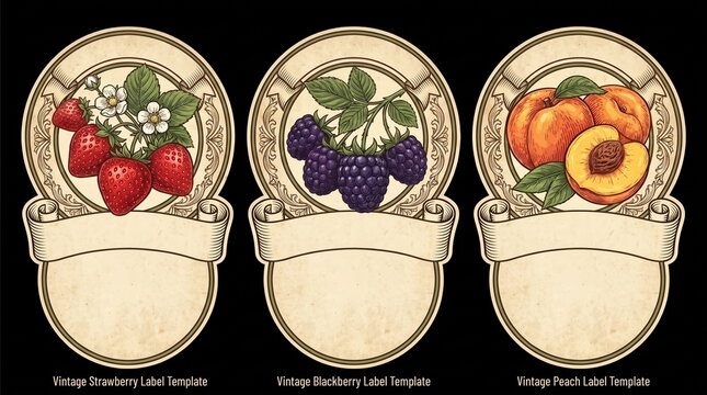 Engraved vintage fruit label templates featuring strawberries, blackberries, and peaches in monochrome style