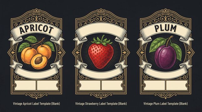 Engraved illustrations of apricot, strawberry, and plum labels with ornate borders and blank spaces for text