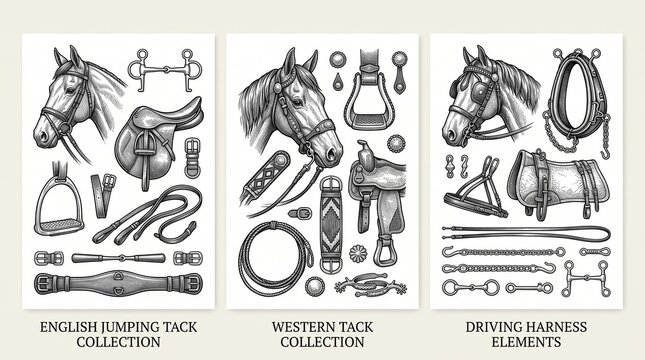 Collection of equestrian gear including English jumping, Western tack, and driving harness elements