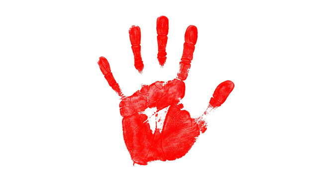 Bright red painted handprint isolated on black background, creating a dramatic horror and danger symbol