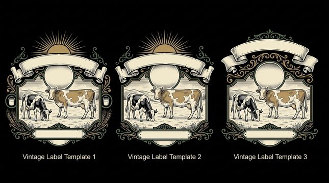 Engraved illustrations of cows in vintage labels showcasing detailed designs and classic elements