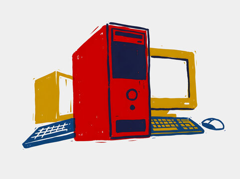 Retro personal computer system with red tower yellow monitor and keyboard designed for classic desktop computing