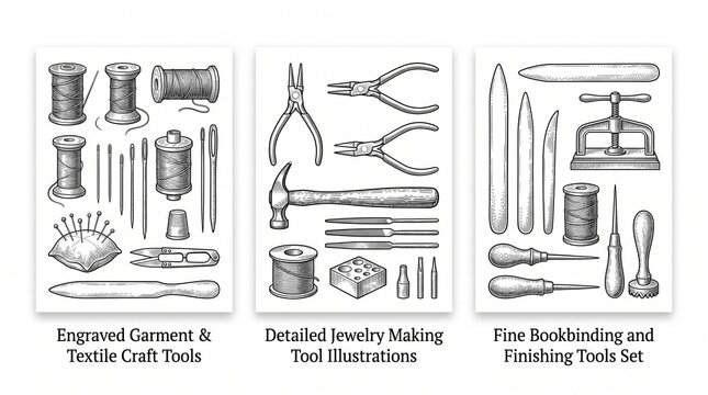 Engraved illustrations of garment, jewelry making, and bookbinding tools in black and white
