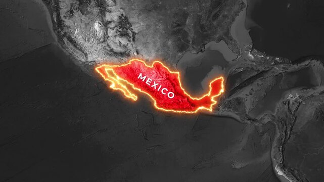 Glowing map of Mexico highlighted with bright orange and red energy animation clip