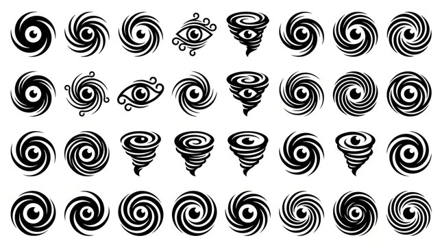 Set of Black and White Spiral Swirl Vortex Icons Collection

