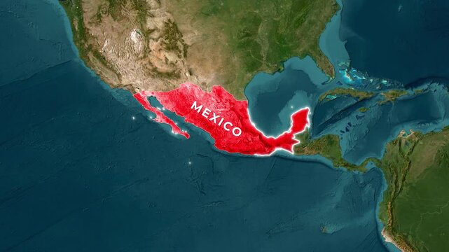 Animated digital map footage highlighting Mexico&rsquo;s location within North America