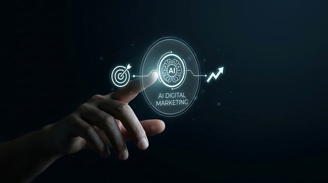 A human hand interacts with a bright glowing fingerprint overlaying a complex digital data network representing cybersecurity concepts