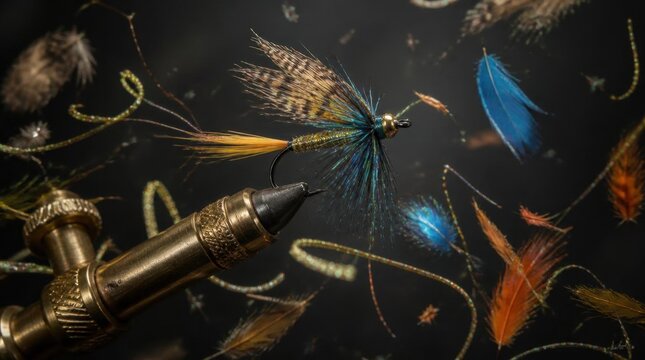 Detailed view of a fly fishing lure in a vise, surrounded by loose feathers and strands against a dark background.