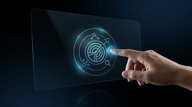 A human hand touches a vibrant glowing digital fingerprint scan displayed on a dark and modern futuristic technology interface