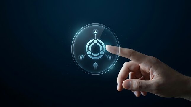 A human hand touches a glowing futuristic digital screen featuring a water droplet icon representing technology and conservation