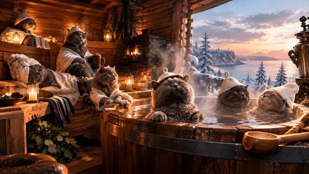 Group of British Cats Relaxing in a Finnish Sauna and Russian Bath Tub, Luxury Cat Spa and Wellness Retreat