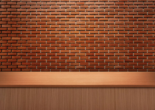 Wooden tabletop with red brick wall background.