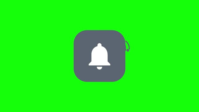Notification Bell Icon ringing with sound waves on a rounded square chip, Green Screen Loop Animation