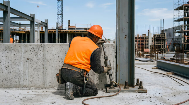 Construction worker using jackhammer on steel beam at building site on transparent background