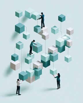 Professionals building complex structure with interlocking modules, conceptual teamwork and project management process