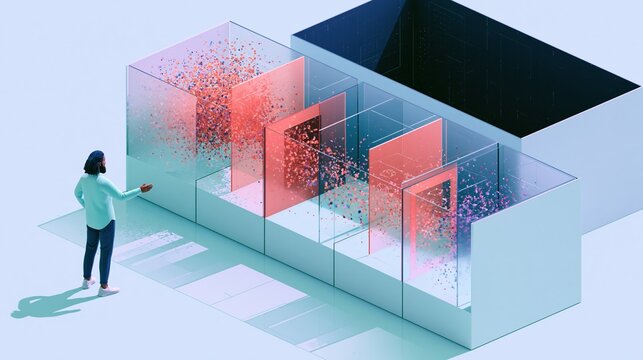 Person interacting with data visualization system to process information, concept representing digital transformation, data analytics, and artificial intelligence