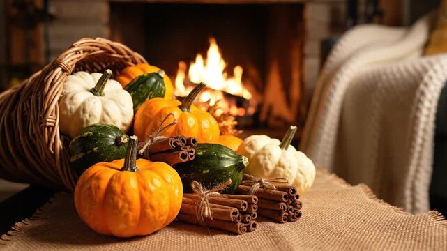 Cozy Autumn Cornucopia by Fireplace with Pumpkins and Gourds