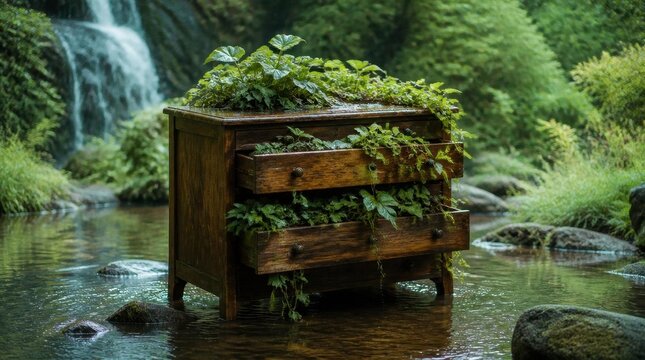 An old, weathered wooden dresser submerged in a clear stream, completely overtaken by vibrant green plants and ferns, with a waterfall cascading in the background.
