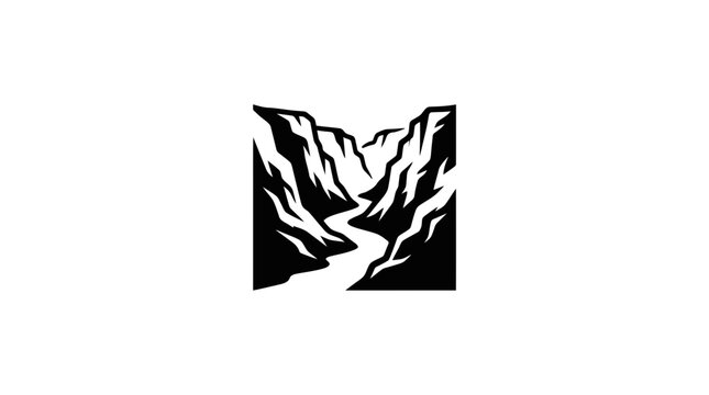 Minimalist canyon and river landscape vector illustration in black and white flat style