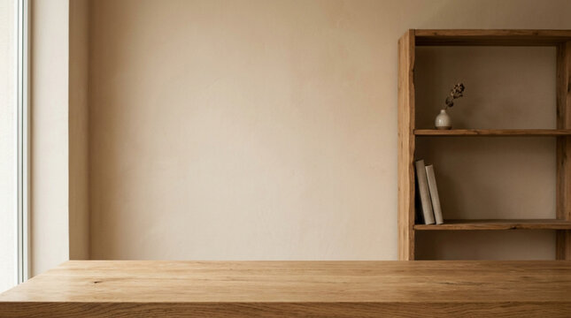 Minimalist interior setup featuring a rustic wooden desk surface against a warm beige wall with a tall empty bookcase holding books and decor