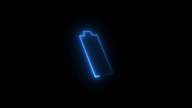 Glowing neon battery icon with charging lightning symbol on black background for energy concept. Glowing neon low battery icon with lightning bolt symbol animation isolated on black background.4k 
