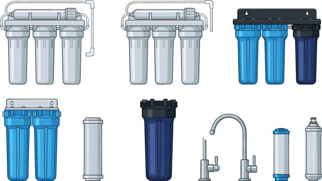 Water Filtration System Vector Set with Reverse Osmosis Units Housing Cartridges and Faucet Isolated on White Background