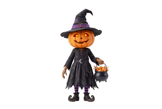 Adorable personaje de calabaza de Halloween vestido de bruja con un vestido negro andrajoso y un sombrero puntiagudo, sosteniendo un caldero lleno de calabazas peque&ntilde;as