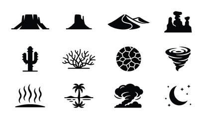 Fototapeta premium 12 Desert and Weather Silhouette Icons, Silhouette, for Nature and Climate Design