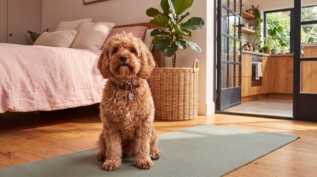 Cute Cavoodle Puppy Sitting on Yoga Mat in Bright Modern Home Interior