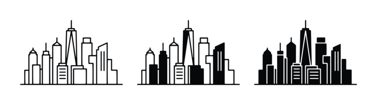 Modern Cityscape Silhouettes, Urban Skyline Icons, Business District Vector Graphics