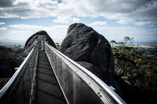 Australia, the Granite Skywalk is located on top of Castle Rock in the Porongurups, north from Albany in Western Australia. It offers two lookouts with spectacular views across the park and farmland.