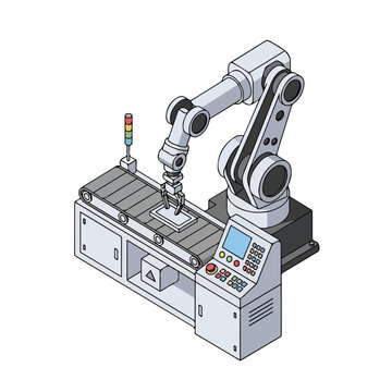 Industrial robotic arm operating on conveyor belt with control panel in isometric vector illustration